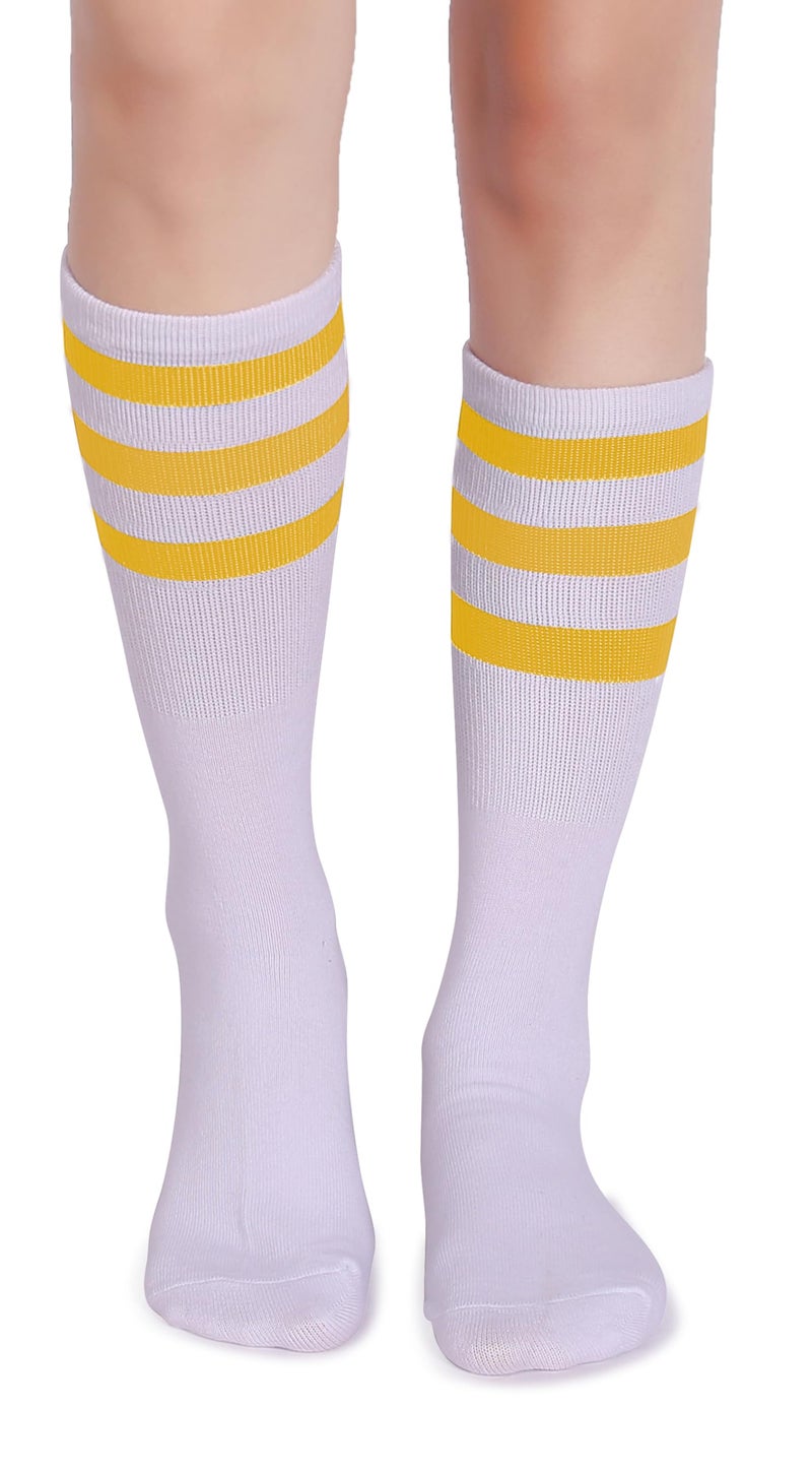 Pareberry Classic Triple Stripes Soft Cotton On the Calf Retro White Tube Socks (A-pair(Yellow/White)) - Image 4